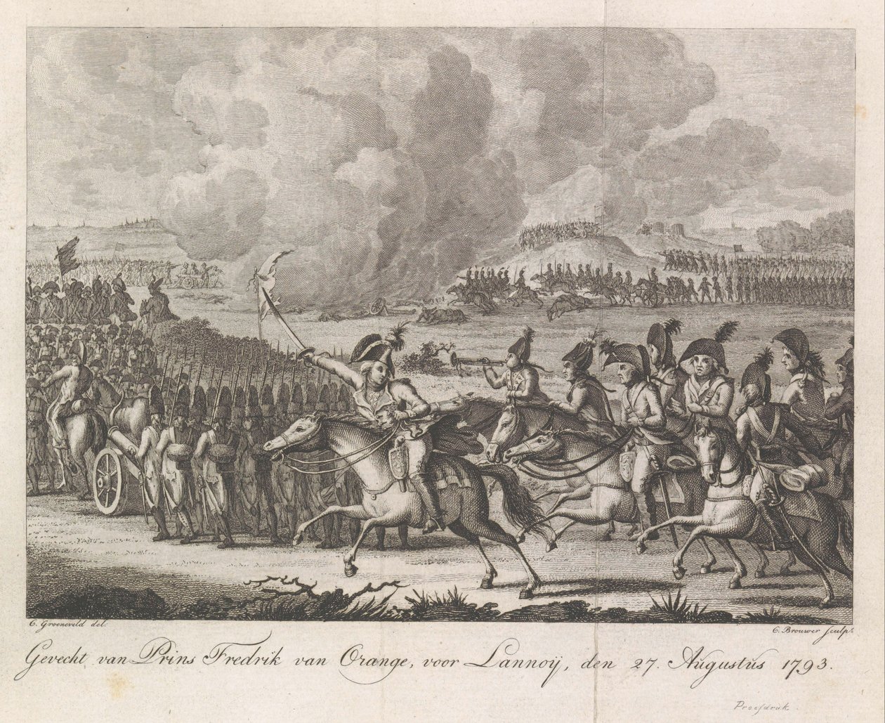 الأمير ويليم جورج فريدريك في معركة لانوي 1793 معركة الأمير فريدريك فان أورانج ، أمام لانوي ، 27 أغسطس 1793 (العنوان على الجسم) بواسطة كورنيليس بروير