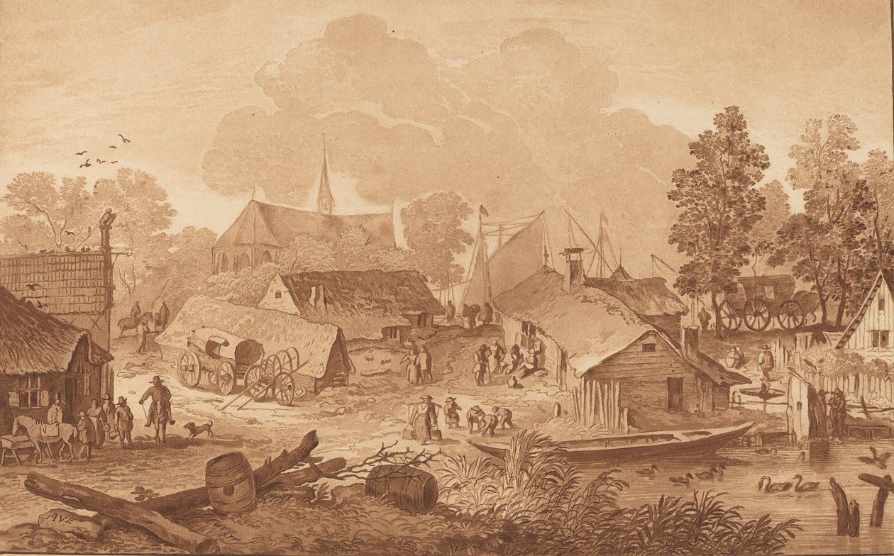 قرية مع بركة ، ج. 1782. بواسطة كورنيليس بروير