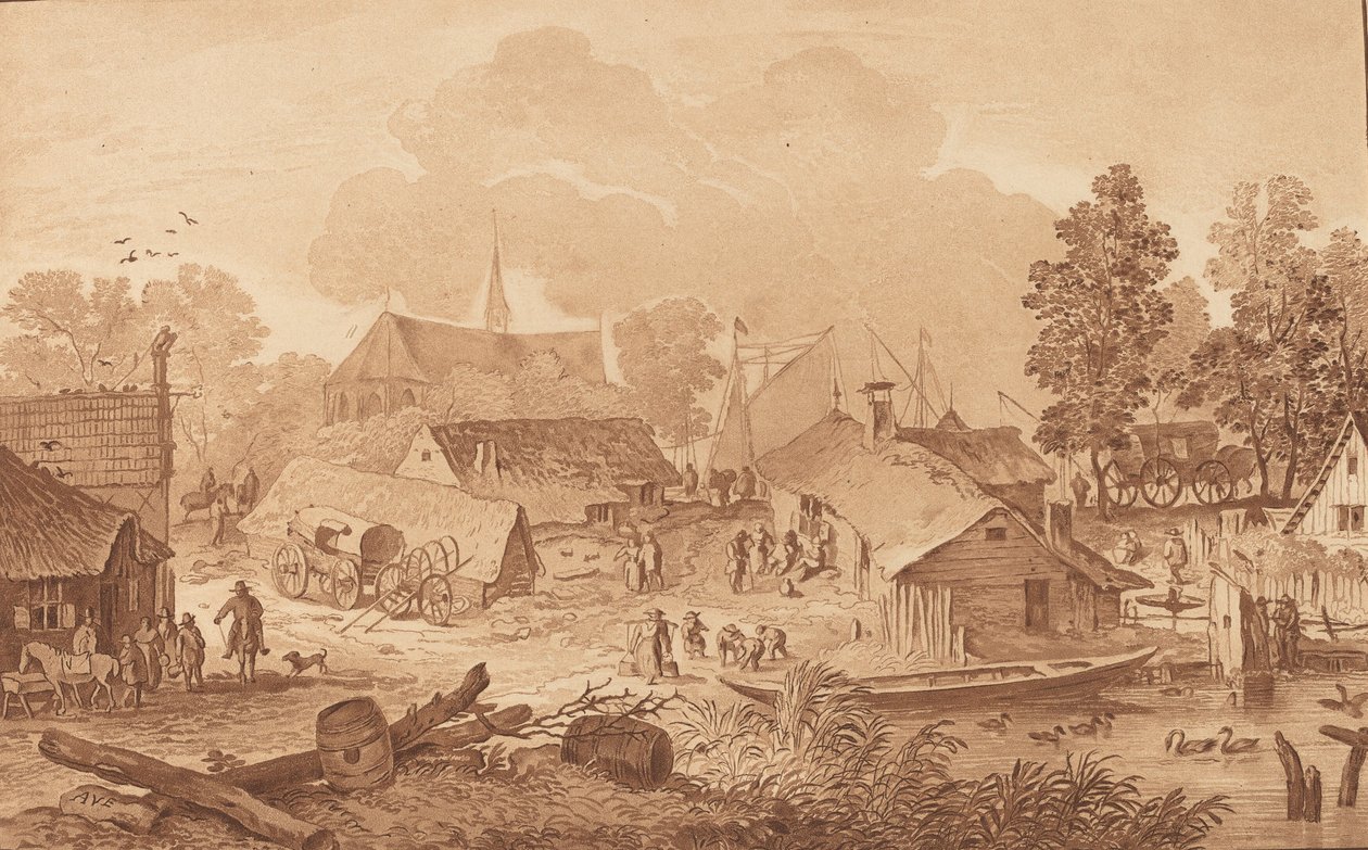 قرية مع بركة ، ج. 1782. بواسطة كورنيليس بروير