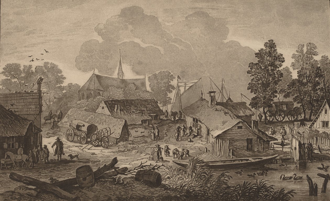 قرية مع بركة ، ج. 1782. بواسطة كورنيليس بروير
