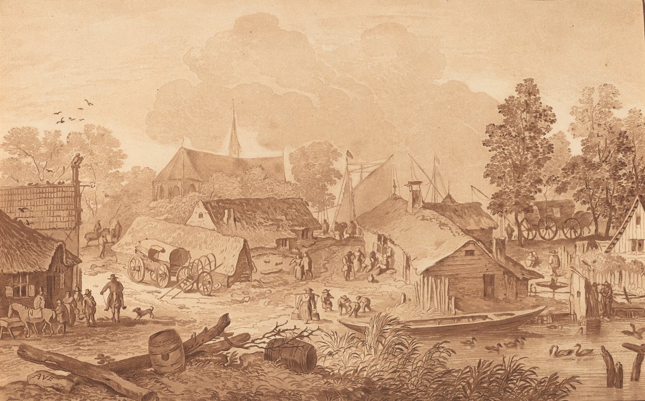 قرية مع بركة ، ج. 1782. بواسطة كورنيليس بروير