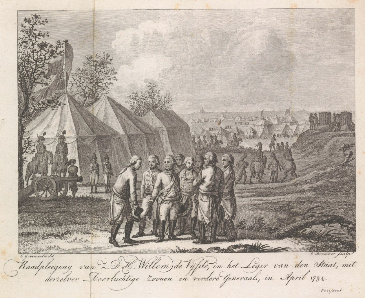 ويليم الخامس مع أبنائه في معسكر الجيش عام 1794 استشارة د. وليام الخامس ، في جيش الدولة ، مع أبنائه الهادئين والجنرالات الآخرين ، في أبريل 1794 (العنوان على الشيء) بواسطة كورنيليس بروير