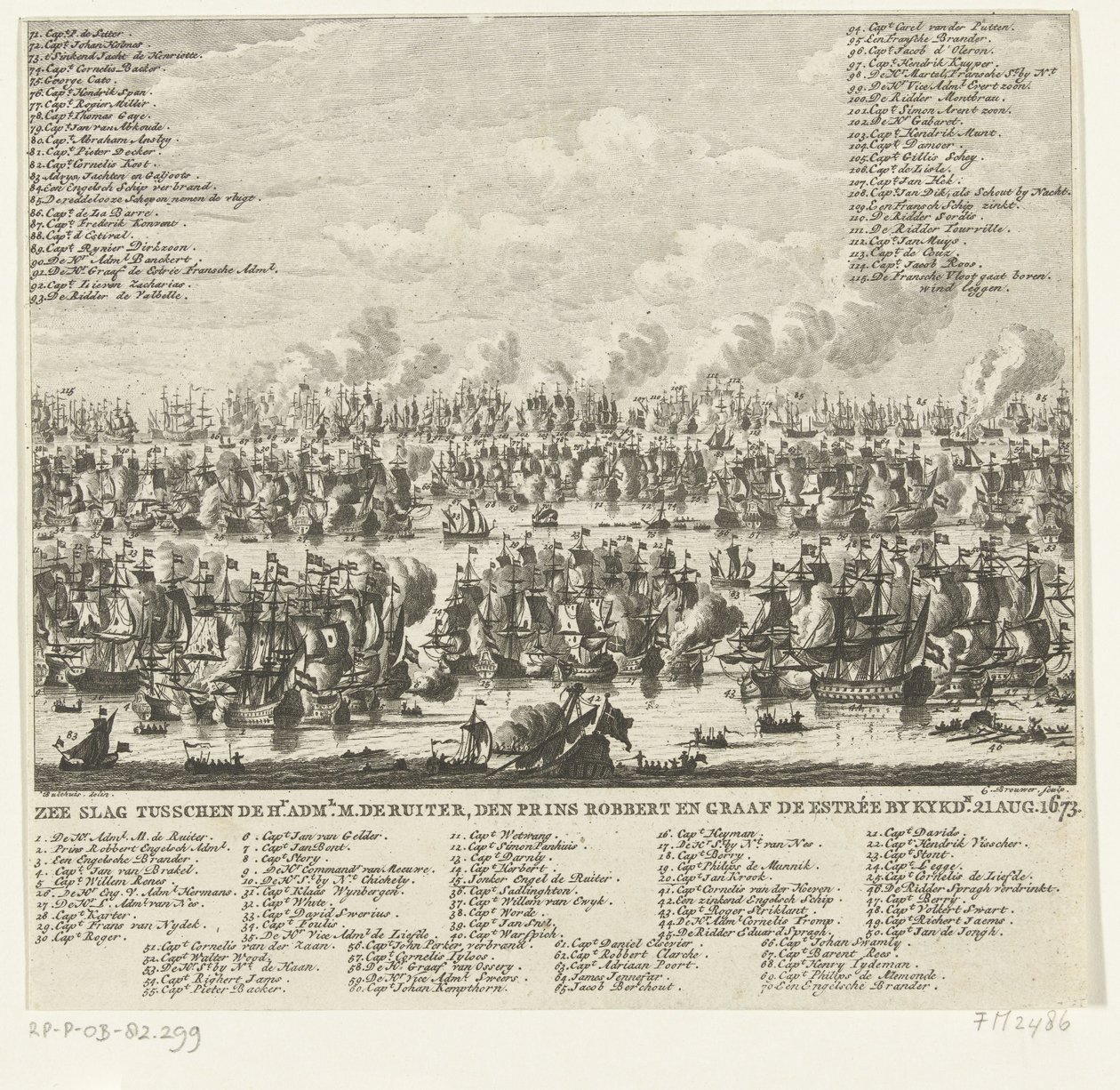 معركة بحرية في Kijkduin ، 1673 معركة بحرية بين Hr. adml. M. de Ruiter، Prince Robbert and Count de Estrée by Kykdn. 21 أغسطس 1673 (العنوان على الكائن) بواسطة كورنيليس بروير