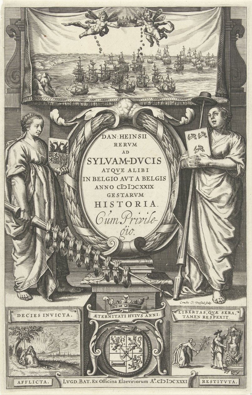 Titelpagina for: D. Heinsius، Revm ad Sylvam-Dvcis atqve في مكان آخر في Belgio avt a Belgis anno 100 DCXXIX gestarvm history. 1631 بواسطة كورنيليس كلايس. duysend