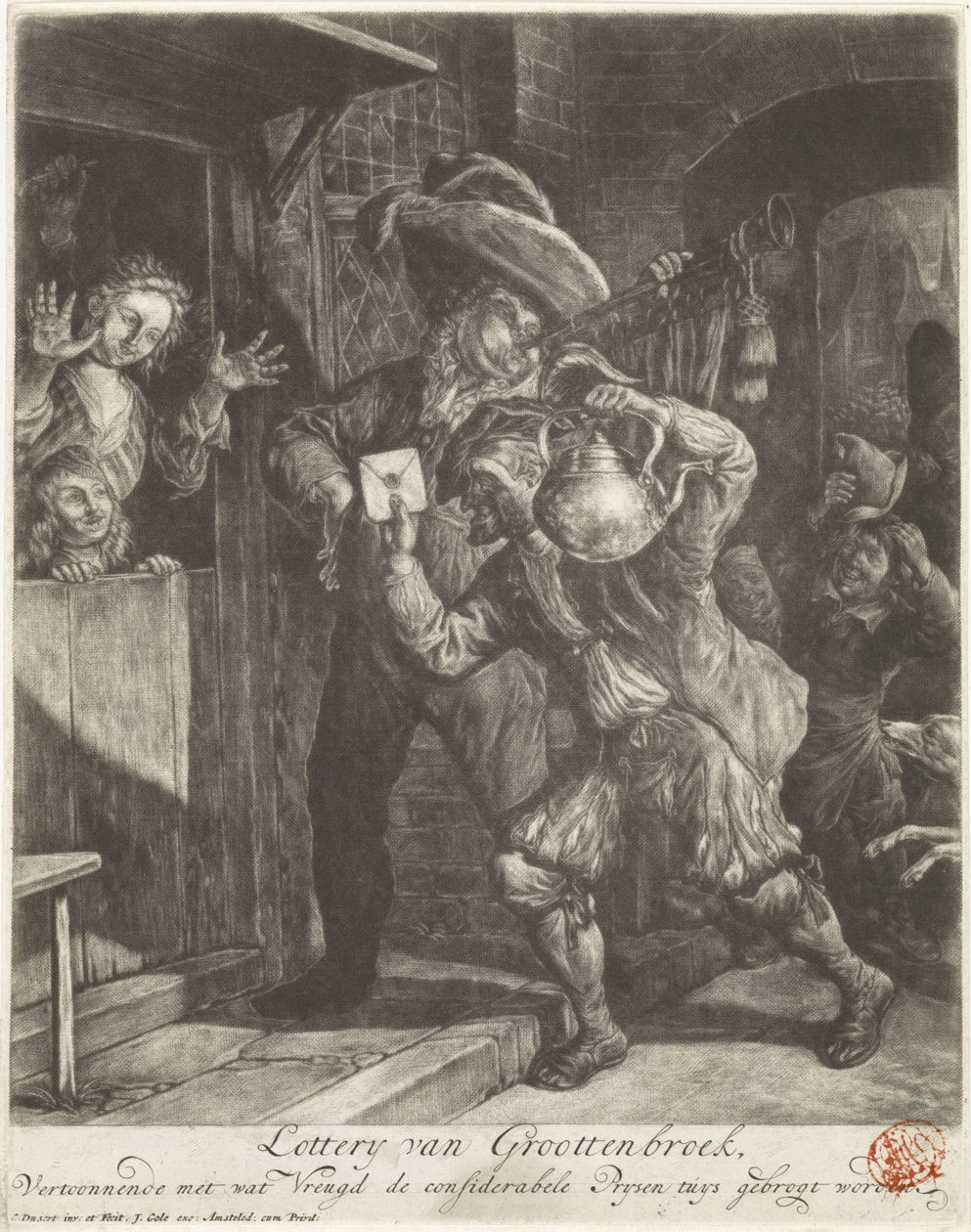 يانصيب جروتبروك 1694 اليانصيب فان جرووتنبروك ، يظهر مع بعض الفرح أن Prysen tuys المراوغة هي brogrot (العنوان على الكائن) بواسطة كورنيليس دوسارت