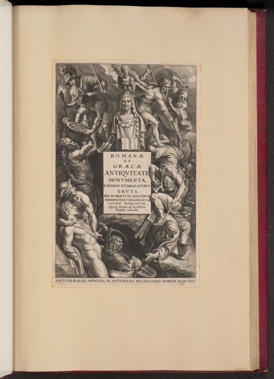 صفحة العنوان لـ Hubert Goltzius ، آثار العصور القديمة الرومانية واليونانية (Opera Omnia ، I) بواسطة كورنيليس جالي الأول بعد السير بيتر بول روبنز