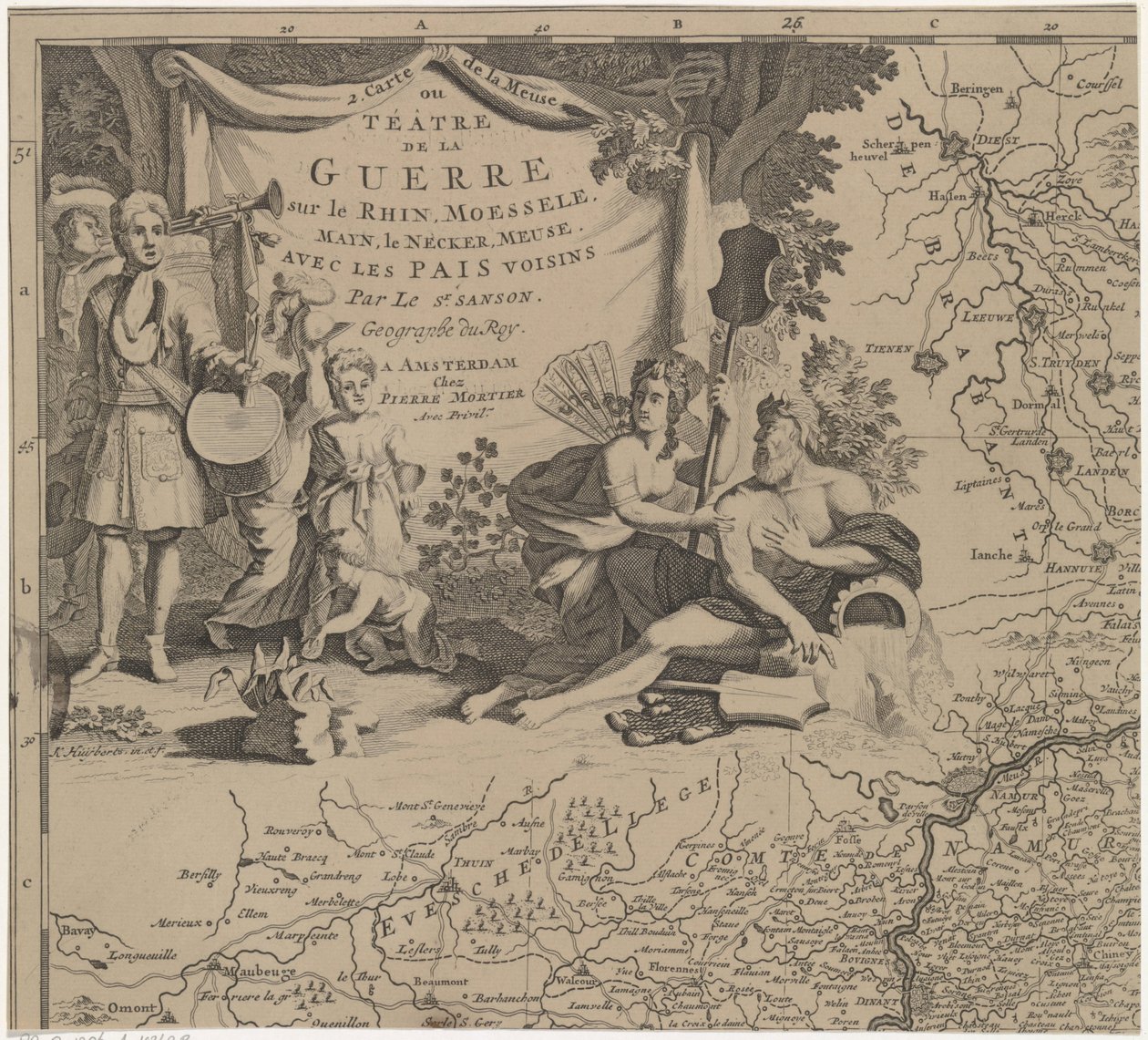 خريطة لإقليم شرق وجنوب بروكسل ومقاطعة نامور (أعلى الورقة على اليسار) Carte de la Meuse ou Téâtre de la Guerre sur le Rhein، Moessele، Mayn، Le Necker، Meuse avec les pais voisins (العنوان على الكائن) بواسطة كورنيليس هيبرتس