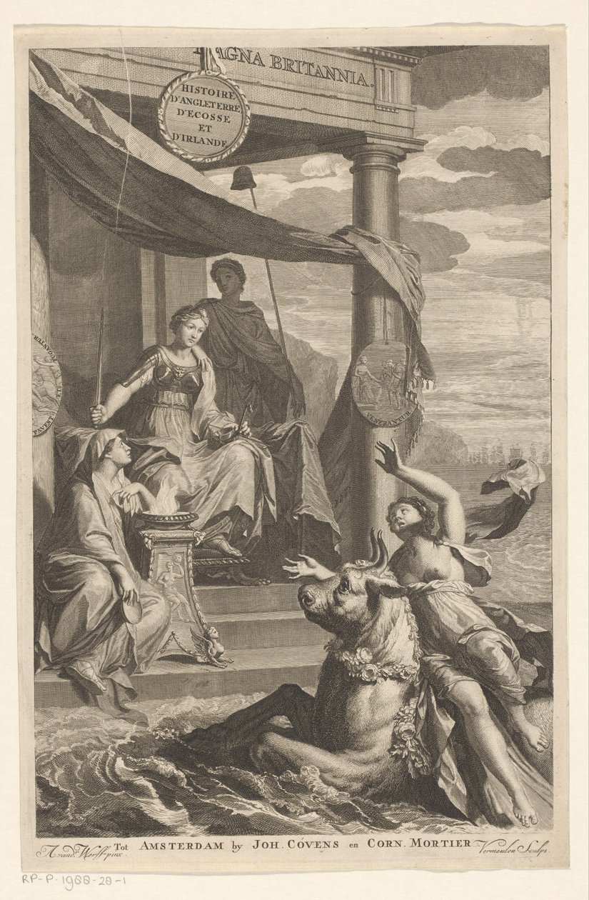 اختطاف أوروبا شاهدته بريتانيا صفحة العنوان لـ: Isaac de Larrey ، Histoire d'Angleterre d'Ecosse et d'Irlande ، sa (عنوان السلسلة على الكائن) بواسطة كورنيليس مارتينوس فيرميولين