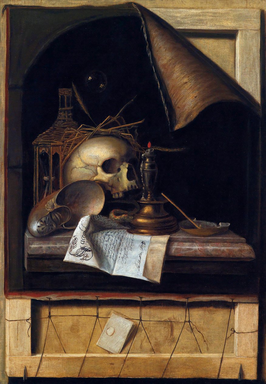 "Nature morte a la vanite" (Vanitas Still Life) لوحة لكورنليس نوربرتوس غيسبريشتس أو جيجسبريشتس (1630 - 1675) ألوان زيتية على قماش خافت 89x62 سم مجموعة خاصة بواسطة كورنيليس نوربرتوس غيسبريشتس