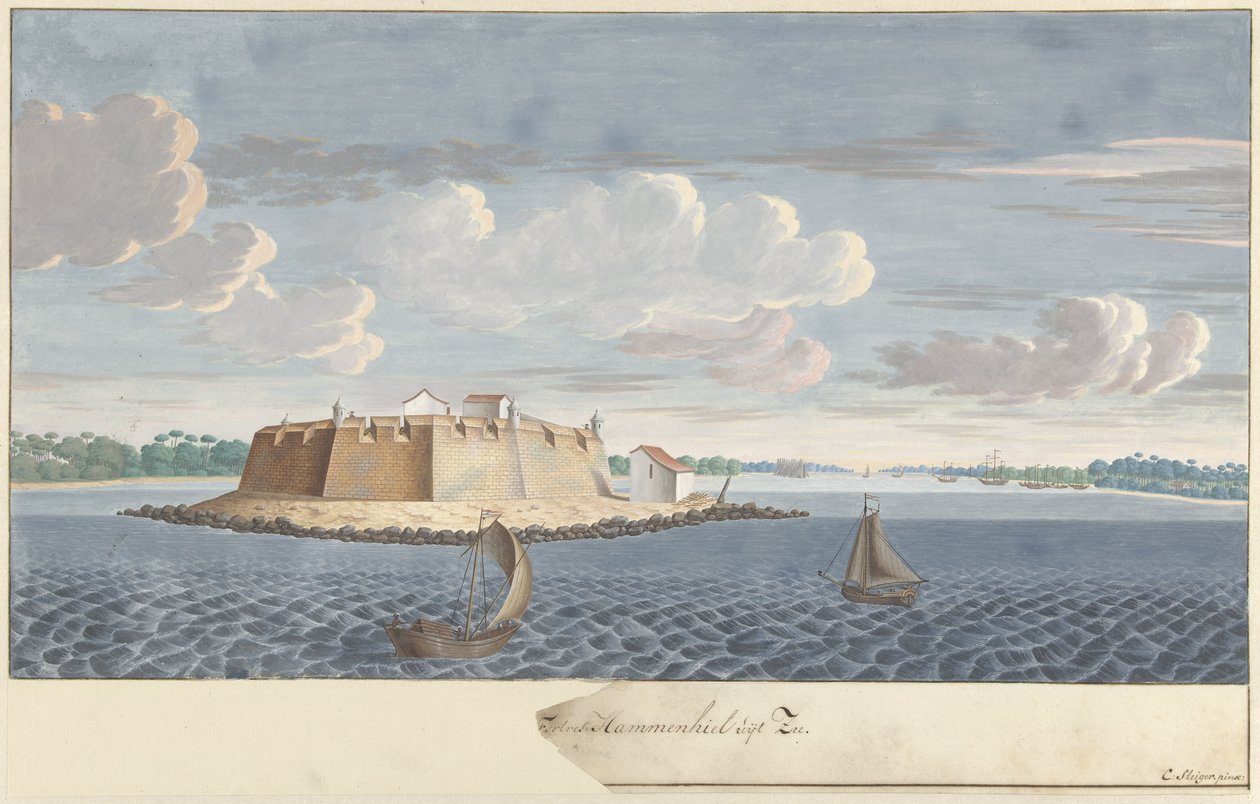 حصن هامنهيل (Hummenil) في سيلان ، يُرى من البحر Fortres Hammenhiel uijt Zee (العنوان على الكائن) بواسطة كورنيليس ستيجر