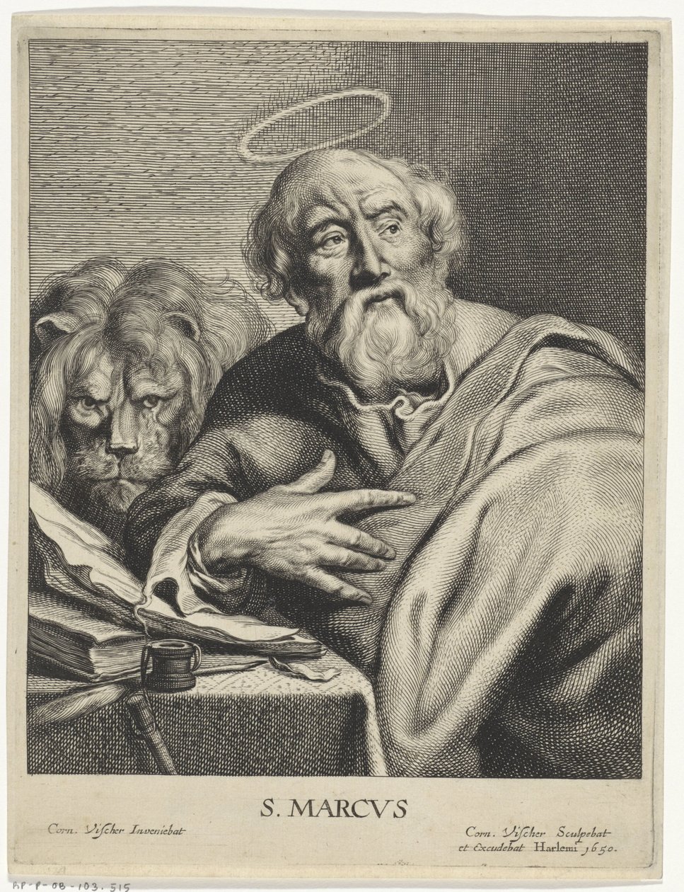 الإنجيلي مارك مع الأسد S. MARCVS (العنوان على الكائن) أربعة مبشرين (عنوان المسلسل) بواسطة كورنيليس فيشر (الثاني)