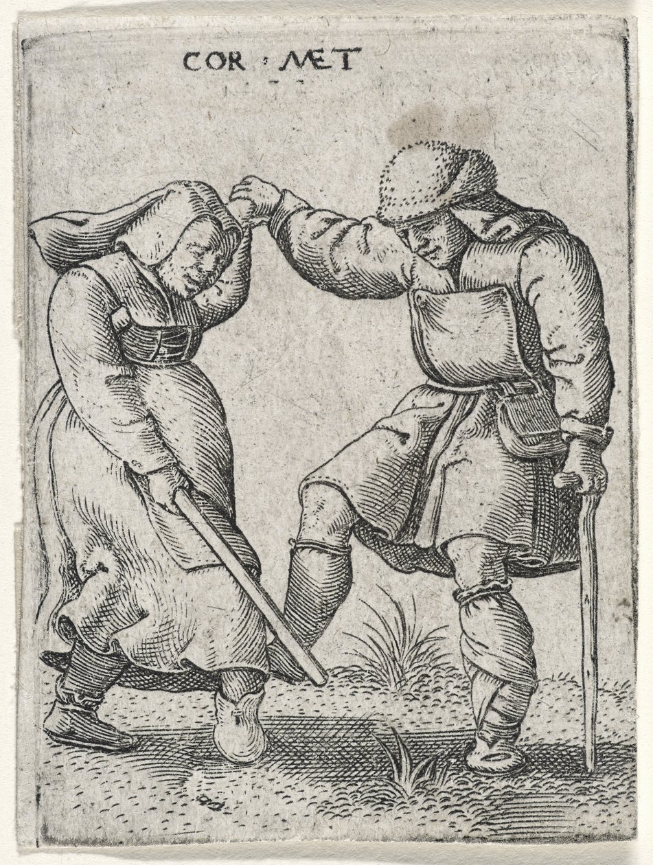 رجل ذو قدم ضمادة يرقص مع امرأة ، 1572 (نقش على ورق مسدود) بواسطة كورنيليس بعد ماسيس