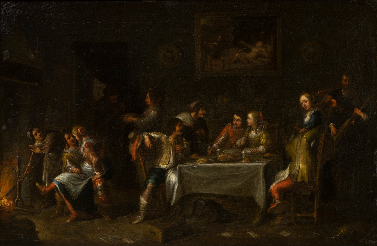 السيدات والسادة يحتفلون حول مائدة ، حوالي 1612-67 (زيت ، قماش ، ورق) بواسطة Cornelis de (Attr. to) Wael