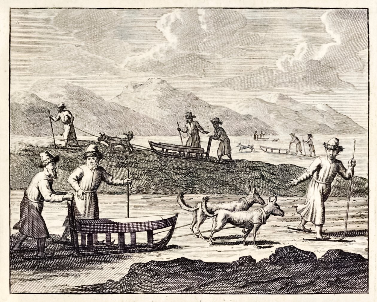 الروس يسافرون مع زلاجات كلاب في سيبيريا. "، من" Voyages de Corneille le Brun ". 1718 بواسطة كورنيليس دي بروين