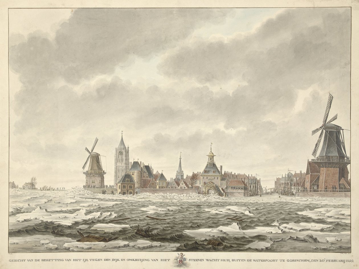 منظر لاحتلال الجليد خارج Waterpoort في جورينشيم ، 20 فبراير 1799 بواسطة كورنيليس دي يونكر
