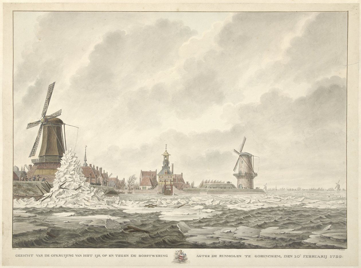 منظر لقمة الجليد ، فوق وعلى الحاجز خلف Runmolen في جورينشيم ، في العشرين من فبراير 1799 بواسطة كورنيليس دي يونكر
