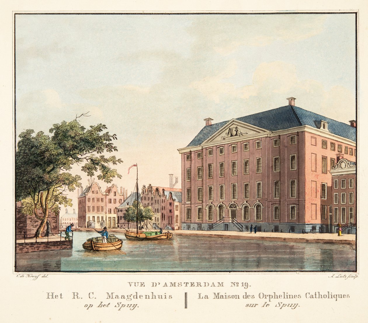 منظر أمستردام رقم 19. Het RC Maagdenhuis op het Spuij. بيت الأيتام الكاثوليك في سبويج ، 1825 (نقش يدوي) بواسطة كورنيليس دي كرويف