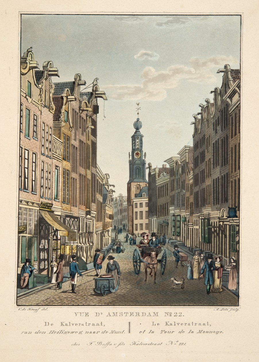 Vue d&39;Amsterdam رقم 22. Kalverstraat من Heiligeweg إلى Munt. Rue Le Kalver، et la Tour de la Monnoye، 1825 (نقش يدوي) بواسطة كورنيليس دي كرويف