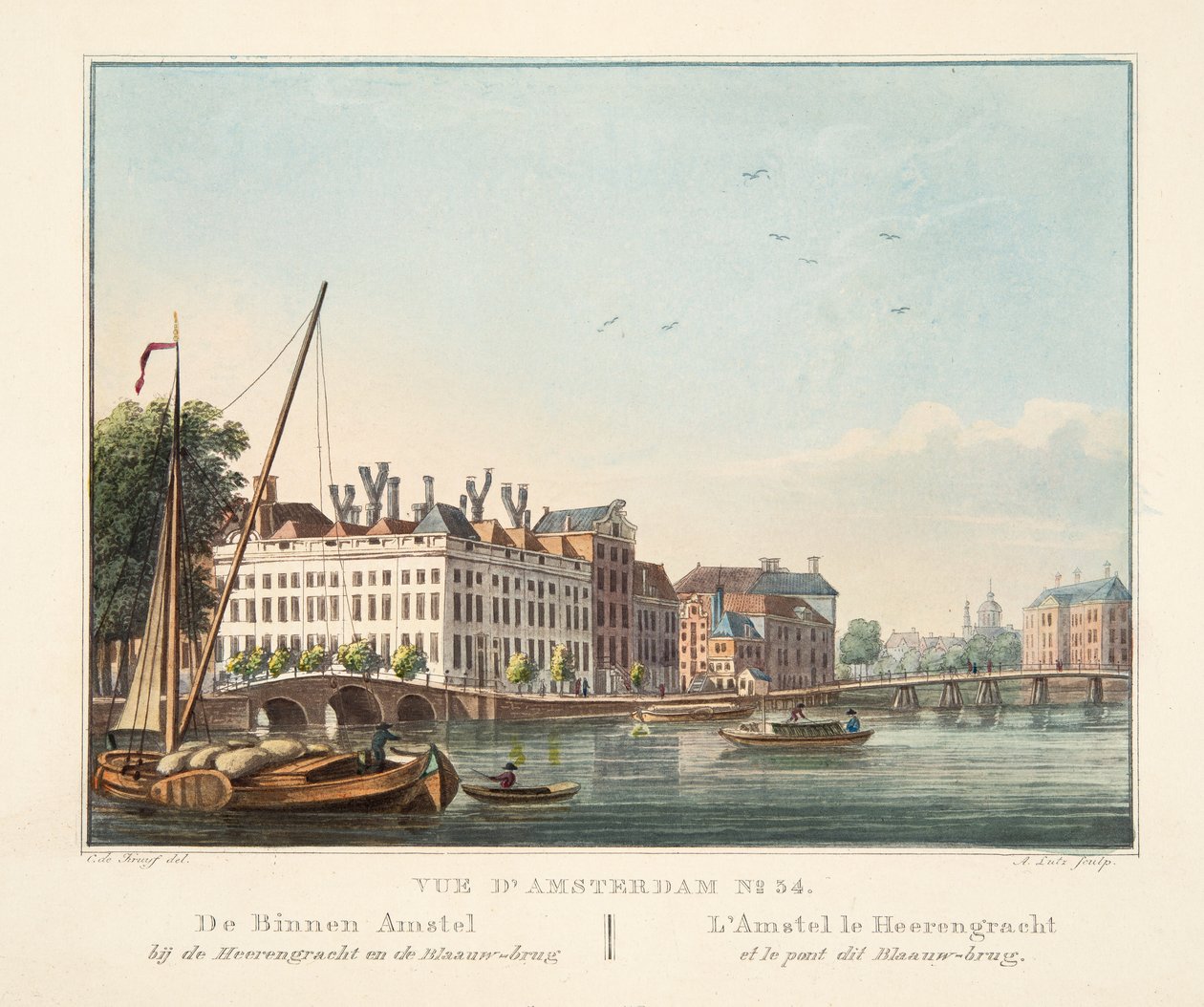 Vue d&39;Amsterdam رقم 34. Binnen Amstel في Herengracht وجسر Blaauw. جسر L&39;Amstel le Heerengracht et le pont dit Blaauw ، 1825 (النقش اليدوي) بواسطة كورنيليس دي كرويف