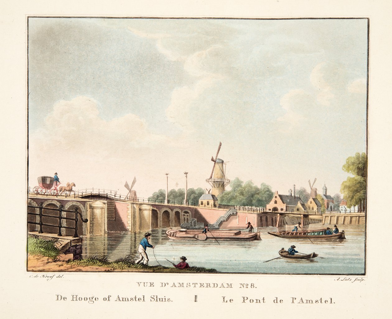 Vue d&39;Amsterdam رقم 8. هوج أو أمستل سلويس. Le Pont de l&39;Amstel، 1825 (نقش يدوي) بواسطة كورنيليس دي كرويف