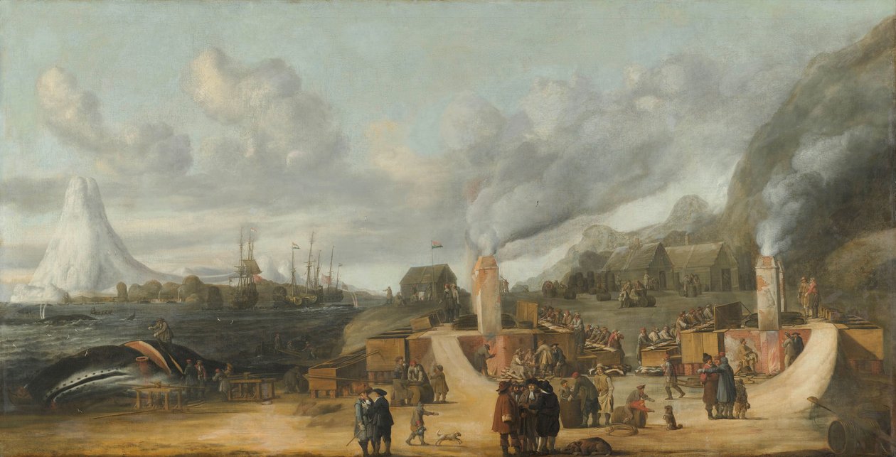 مصفاة زيت الحوت بالقرب من قرية Smerenburg مصنع زيت الحوت التابع لشركة Nordic أو Greenland Company في جزيرة أمستردام في الطرف الشمالي من Spitzbergen (Svalbard) بواسطة كورنيليس دي مان