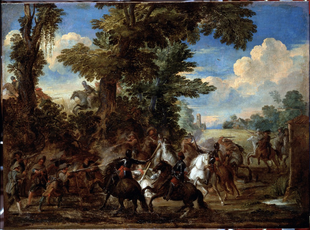 مشهد المعركة (مشهد المعركة) لوحة كورنيليس دي وائل (1592-1667) (ec flam) خافت 75x100 سم الجينات ، Musei di Strada Nuova (سابقًا Palazzo Bianco) بواسطة كورنيليس دي وائل