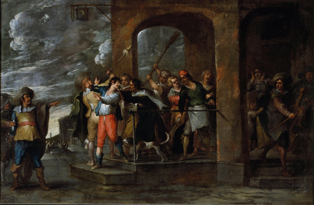 تاريخ الابن الضال: الطرد. لوحة كورنيليس دي وائل (1592-1667) ، حوالي 1630-1639. الفن الفلمنكي. زيت على قماش. قاتمة: 57x86 سم. الجينات ، مجموعة Privee. بواسطة كورنيليس دي وائل