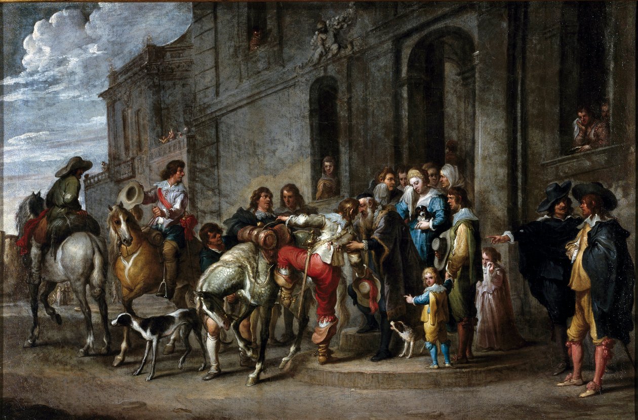 مثل الكتاب المقدس: "" رحيل الابن الضال "" رسم كورنيليس دي وائل (1592-1667) (ec.flam.) 1630-1639 Dim. 57x86 سم جينات ، مجموعة خاصة بواسطة كورنيليس دي وائل