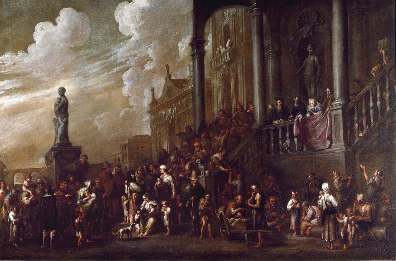 الأعمال السبعة للبائس الجسدي: "" تقديم الطعام للجياع "لوحة رسمها كورنيليس دي وائل (1592-1667) (ec.flam) الجينات ، مجموعة Banco di Chiavari بواسطة كورنيليس دي وائل
