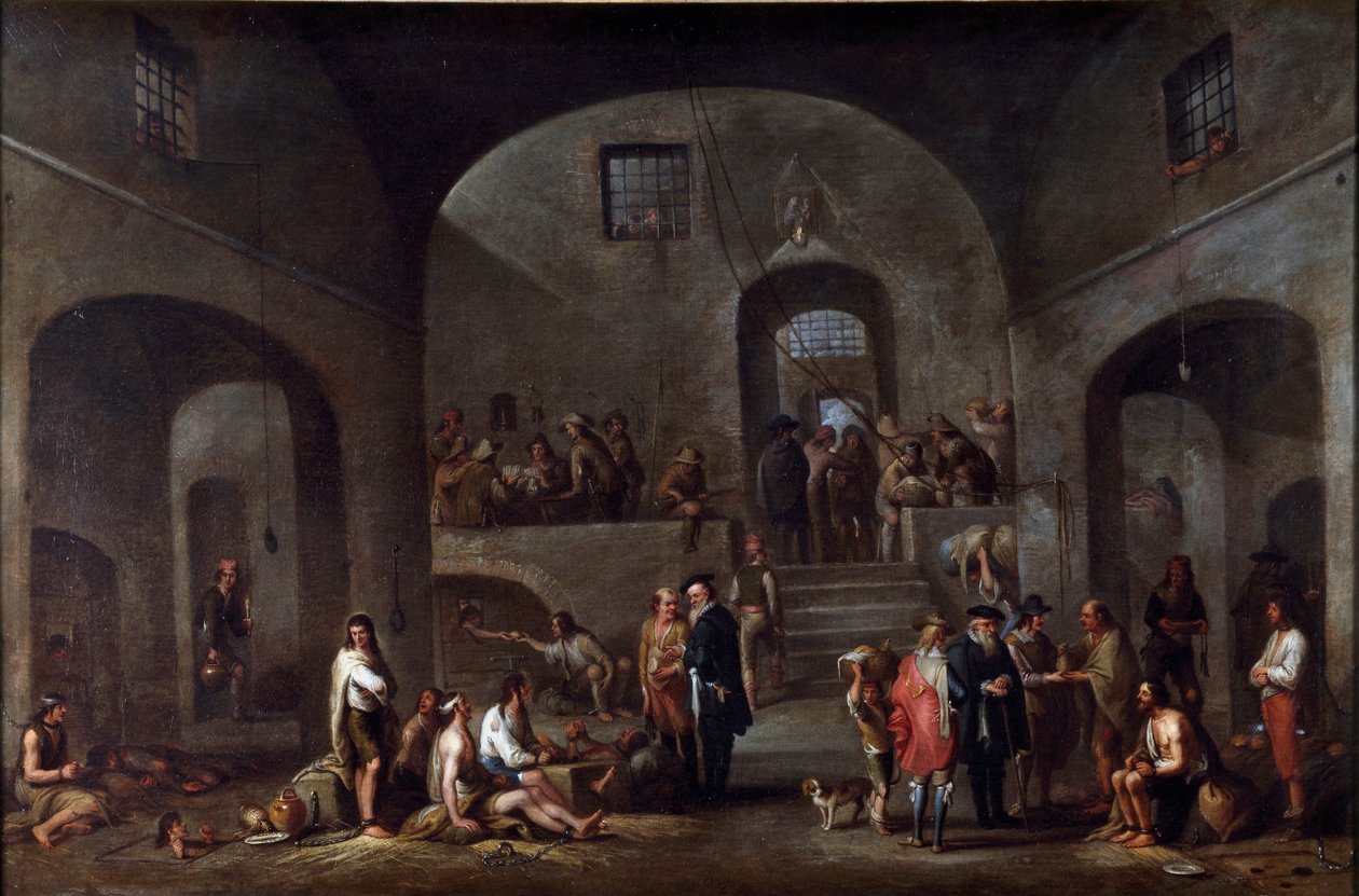 الأعمال السبعة للبائس الجسدي: "" زيارة السجناء "لوحة لكورنيليس دي وائل (1592-1667) (ec.flam) الجينات ، مجموعة Banco di Chiavari بواسطة كورنيليس دي وائل