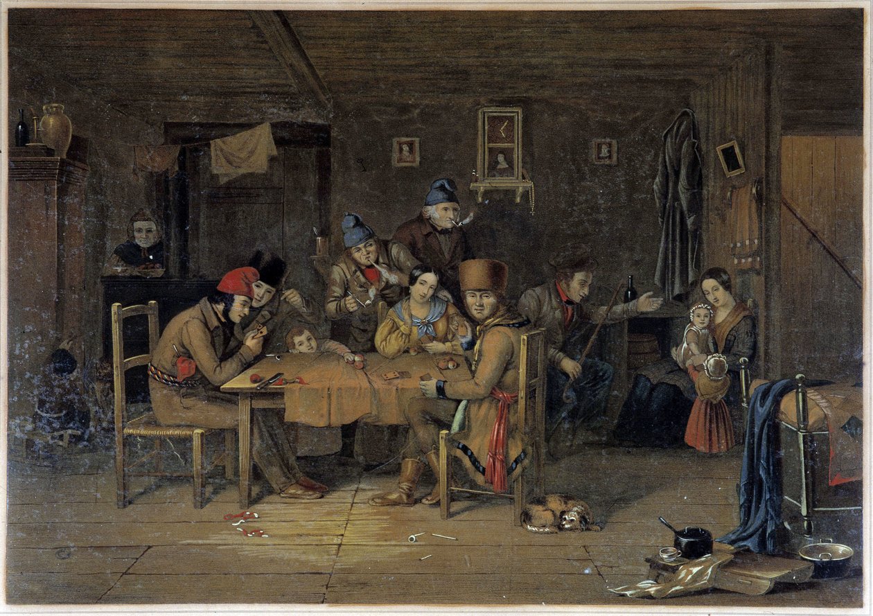 French settlers in Canada playing cards - painting by Krieghoff بواسطة كورنيليوس كريجهوف