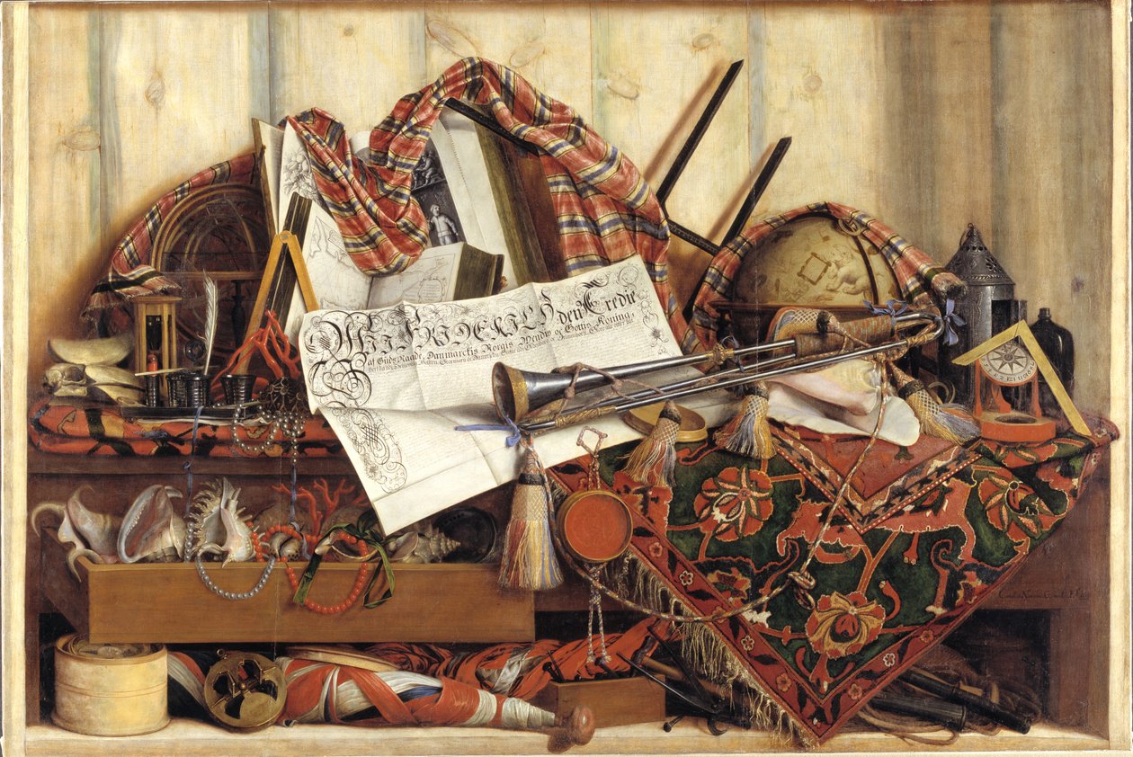 Trompe l'Oeil with Trumpet، Celestial Globe and Proclamation بواسطة فريدريك الثالث بواسطة كورنيليوس نوربرتوس جيجسبريشتس