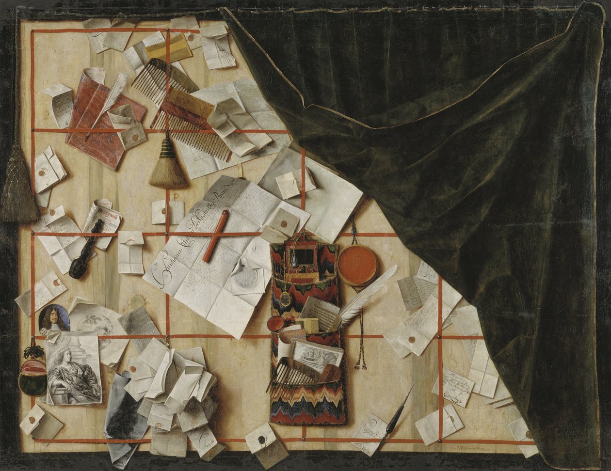 Trompe l'oeil of a Letter Rack مع إعلان كريستيان الخامس بواسطة كورنيليوس نوربرتوس جيجسبريشتس