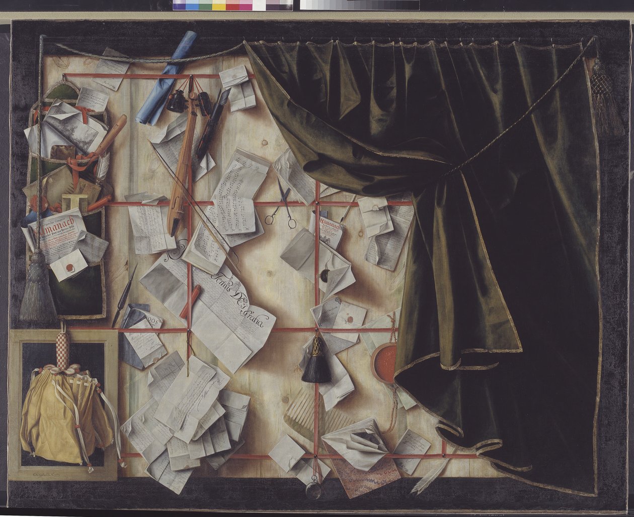 Trompe l'oeil of a Letter Rack مع إعلان فريدريك الثالث بواسطة كورنيليوس نوربرتوس جيجسبريشتس