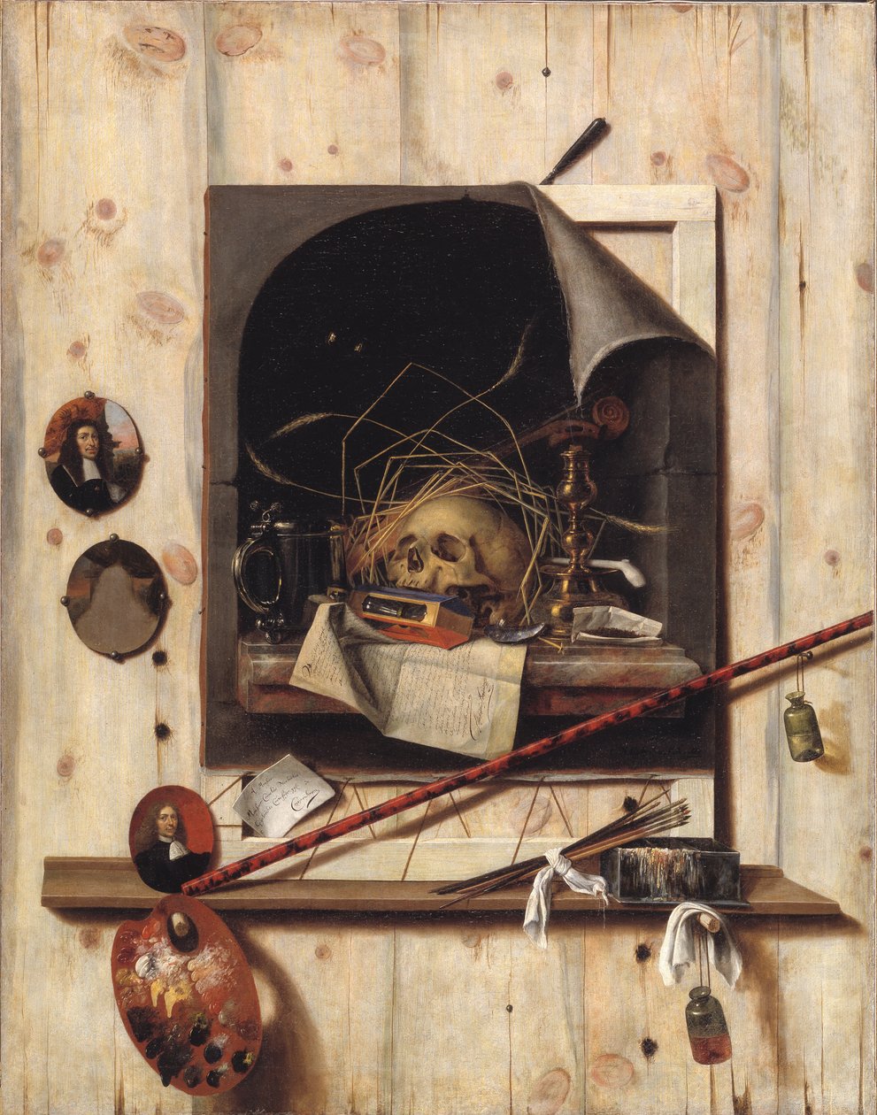 Trompe l'oeil مع Studio Wall و Vanitas Still Life بواسطة كورنيليوس نوربرتوس جيجسبريشتس