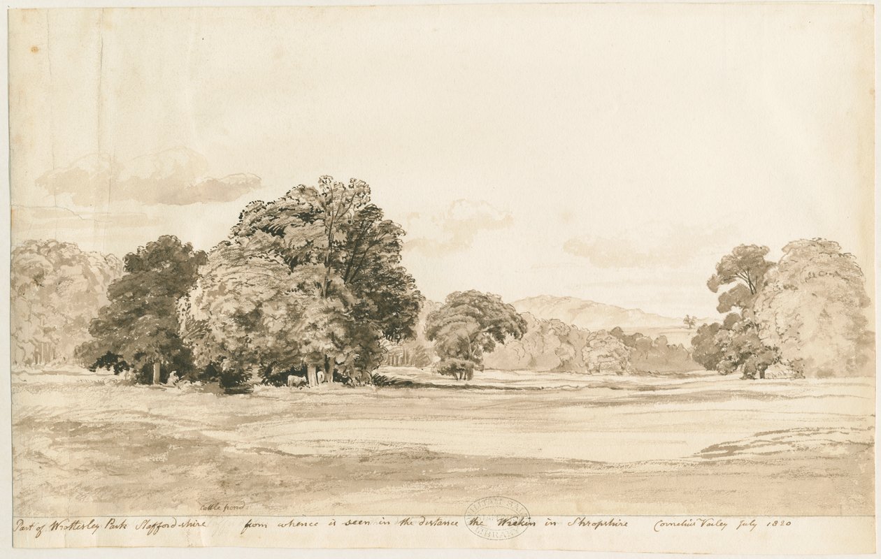 Wrottesley Park: رسم بني داكن ، يوليو 1820 بواسطة كورنيليوس فارلي