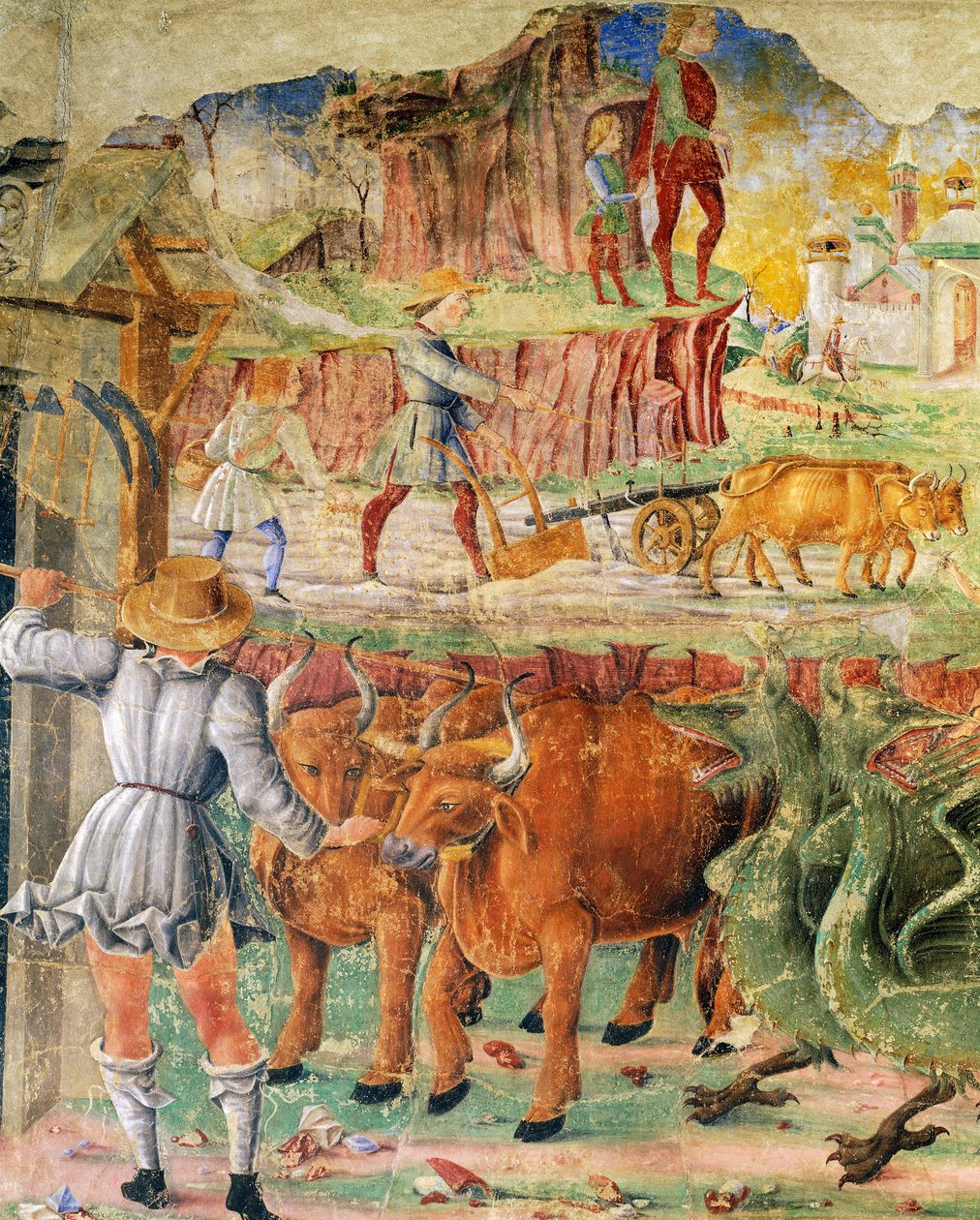 صورة زراعية ، تفاصيل من Triumph of Ceres ، مشهد من شهر أغسطس ، حوالي 1470 ، منسوبة إلى Cosimo Tura ، و Master of Ercole ، جدارية ، الجدار الشمالي ، Hall of the Months ، Palazzo Schifanoia (قصر الفرح) ، Ferrara ، Emilia-Romagna. إيطاليا بواسطة كوزيمو (يقصد) تورا