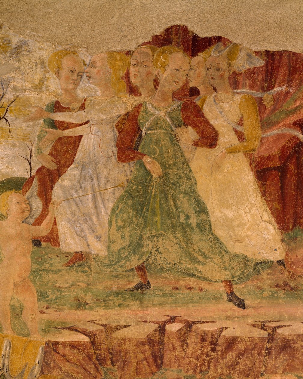 يأس خادمات Proserpine ، تفاصيل من Triumph of Ceres ، مشهد من شهر أغسطس ، منسوبة إلى Cosimo Tura و Master of Ercole ، جدارية ، الجدار الشمالي ، Hall of Month ، Palazzo Schifanoia (قصر الفرح) ، فيرارا ، إيطاليا ، حوالي 1470 بواسطة كوزيمو (يقصد) تورا