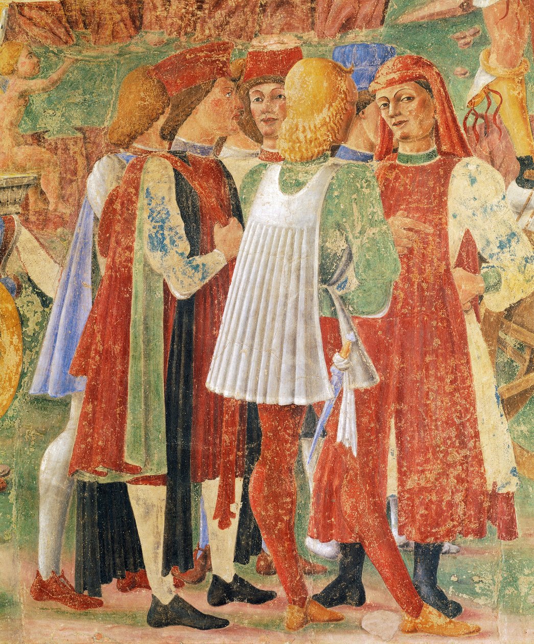 مجموعة من التجار ، تفاصيل من Triumph of Ceres ، مشهد من شهر أغسطس ، منسوبة إلى Cosimo Tura (حوالي 1430-1495) و Master of Ercole ، جدارية ، الجدار الشمالي ، Hall of Month ، Palazzo Schifanoia (قصر الفرح) ، Ferrara ، إيطاليا ، حوالي عام 1470 بواسطة كوزيمو (يقصد) تورا