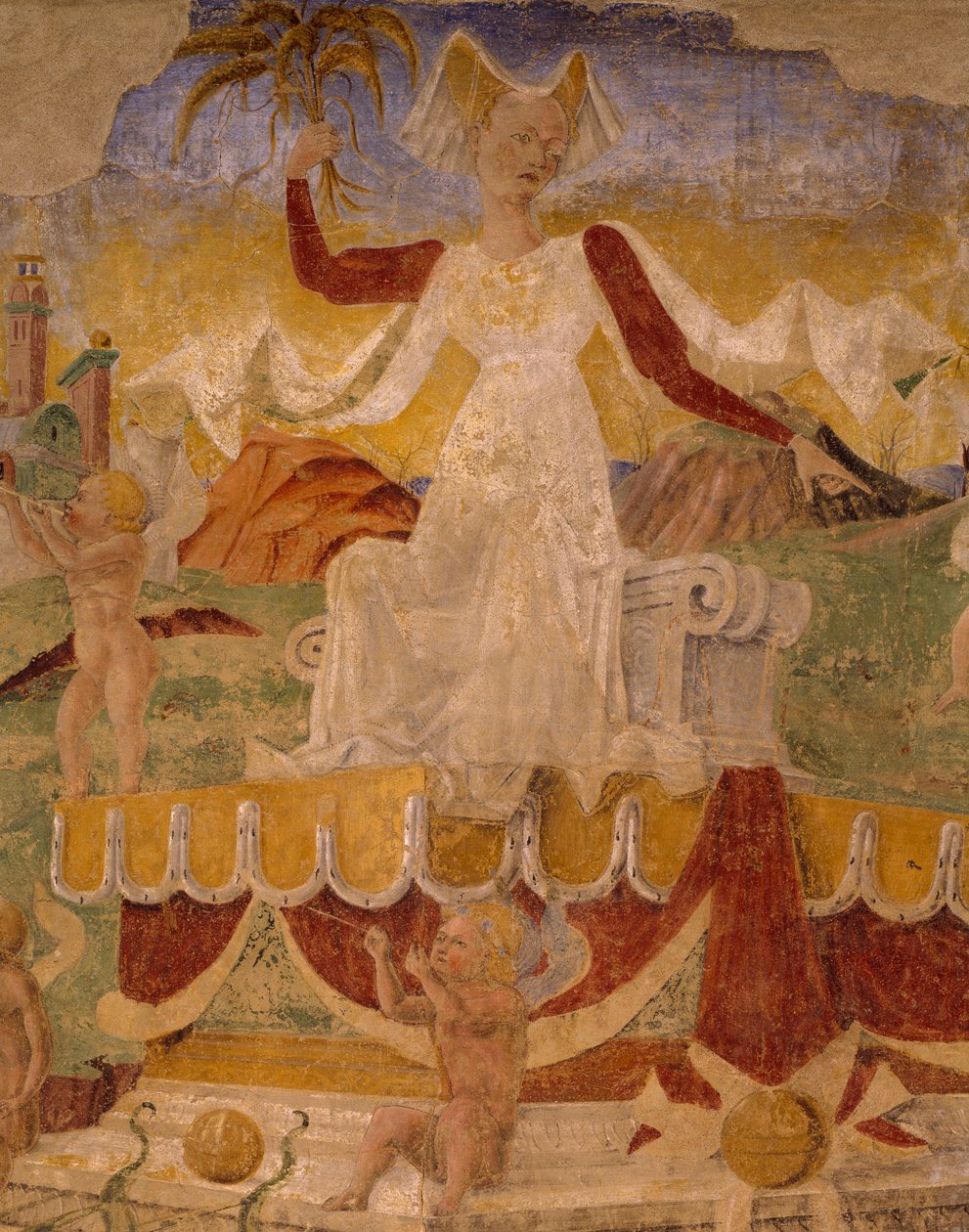 انتصار سيريس ، مشهد من شهر أغسطس ، منسوب إلى كوزيمو تورا (حوالي 1430-1495) وماجستير إركول ، لوحة جدارية ، الجدار الشمالي ، قاعة الأشهر ، قصر شيفانويا (قصر الفرح) ، فيرارا ، التفاصيل ، إيطاليا ، حوالي 1470 بواسطة كوزيمو (يقصد) تورا