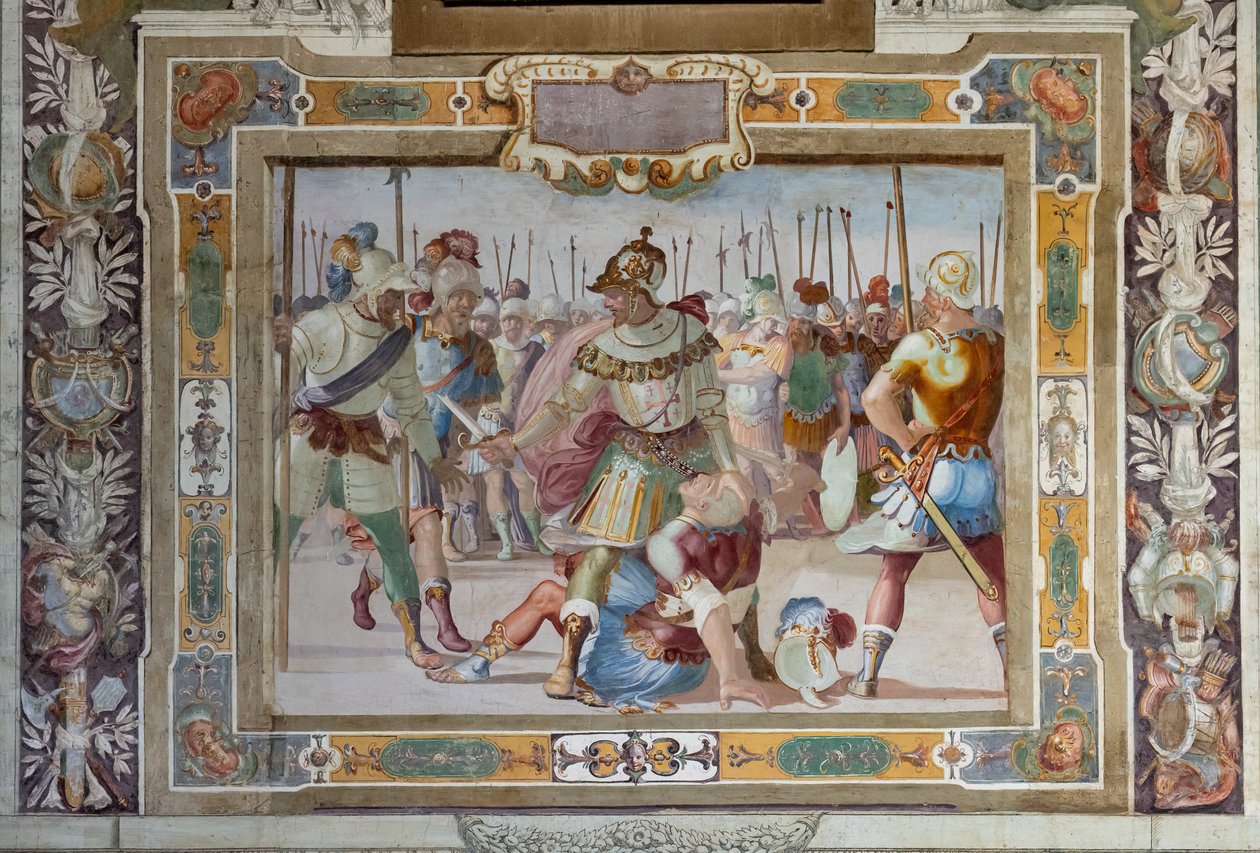 مشهد معركة، من أعمال جودفري بويون في الاستيلاء على القدس، حوالي 1589-1589 (لوحة جدارية) بواسطة 