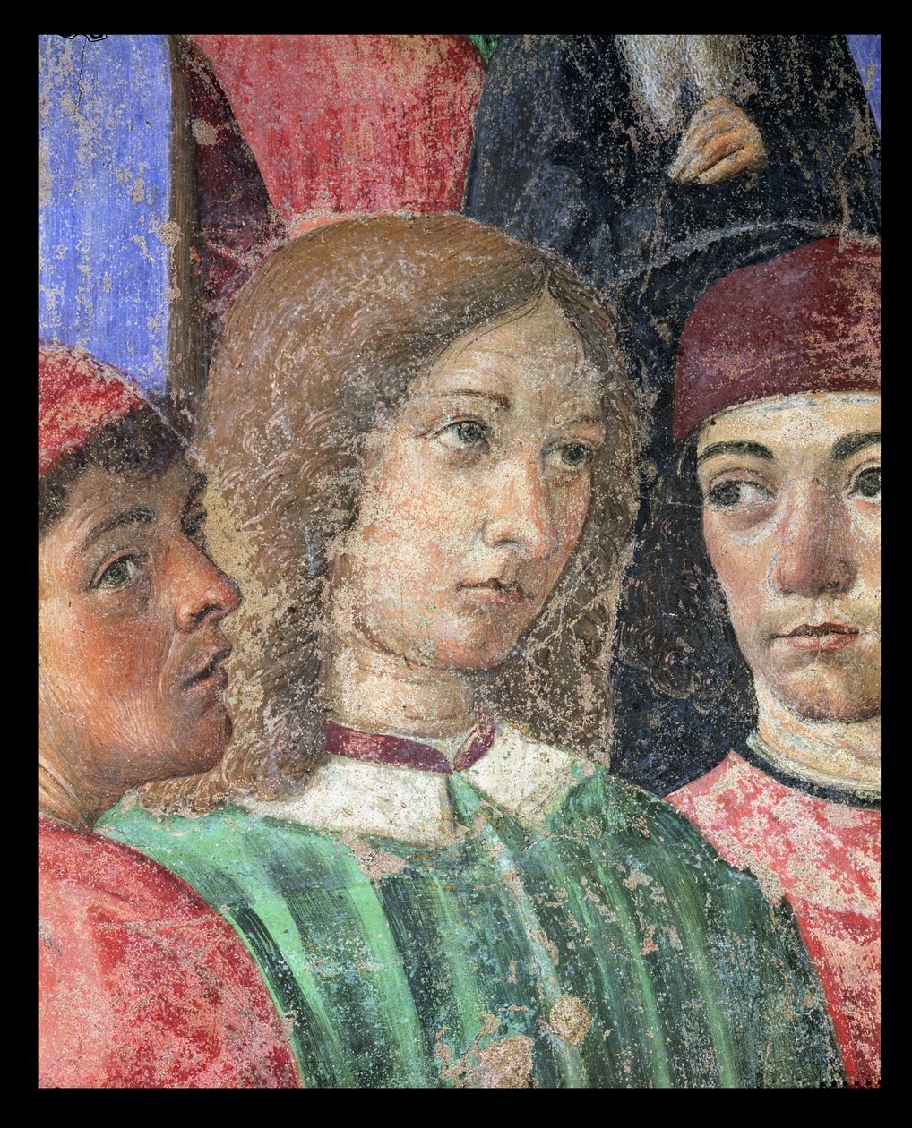 موكب الأسقف أمام كنيسة S. Ambrogio ، تفاصيل Poliziano 1454-94 Pico della Mirandola 1463-94 و Marsilio Ficino 1433-99 1468 فريسكو بواسطة كوزيمو روسيلي