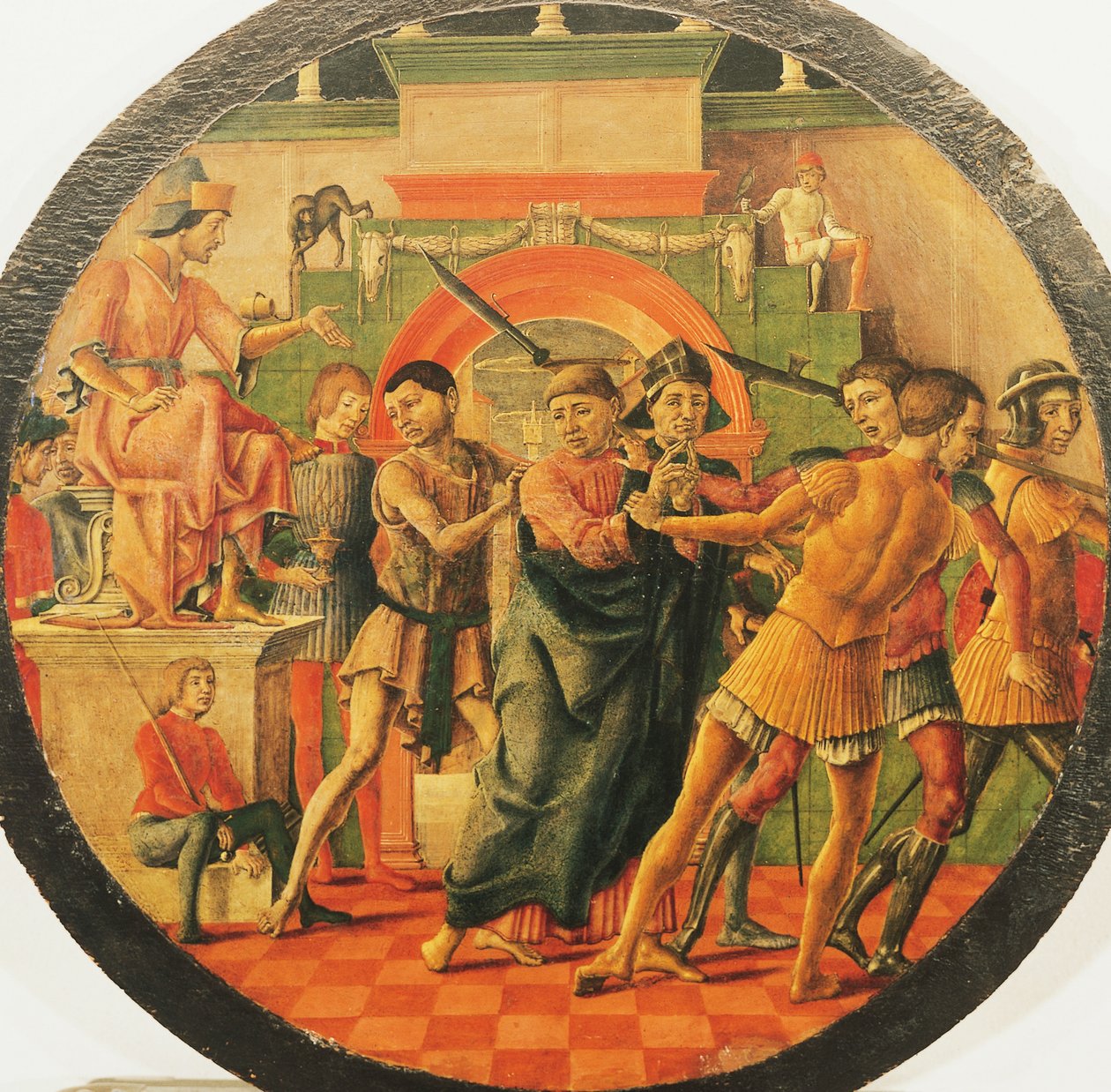 مذبح سانت موريليو ، مشهد إدانة لسانت موريشيوس ، حوالي 1480 ، بواسطة كوزمي تورا (1430-كاليفورنيا 1495) ، زيت على خشب ، قطر 48 سم بواسطة Cosimo Tura