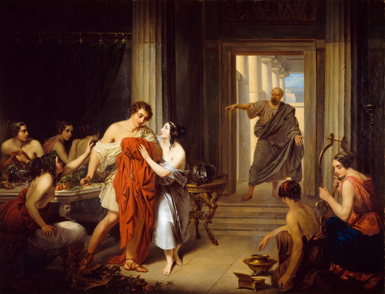 “The Greek philosopher Socrates (470-399 BC) discovers the young Alcibiade (450-404 BC) with a hetary (Greek prostitute)” بواسطة Cosroe Dusi
