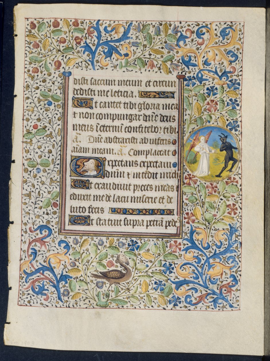 ورقة من كتاب ساعات: ملاك يطارد شيطان مستقيمي وشيطانين مقابل ، ج. 1460. بواسطة Coëtivy Master