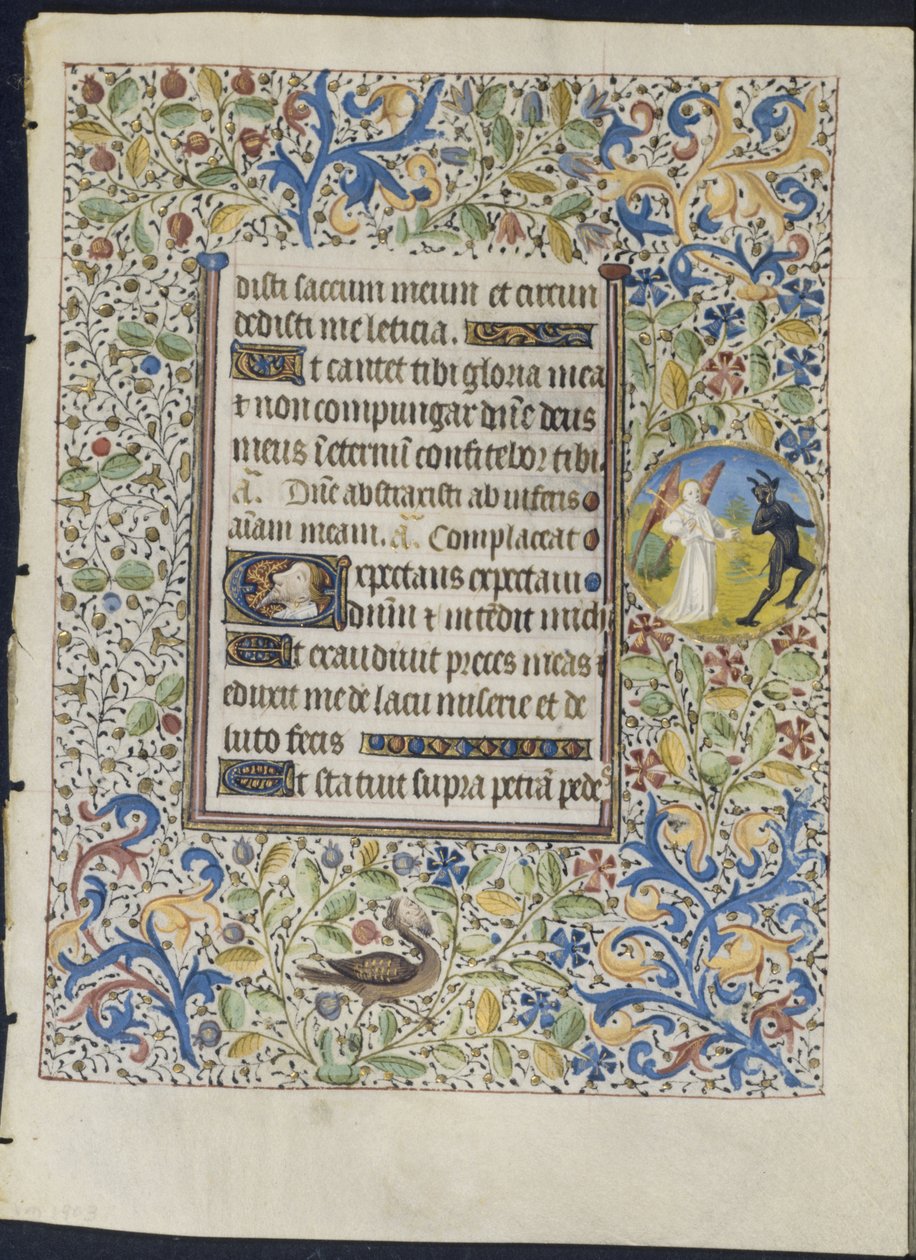 ورقة من كتاب ساعات: ملاك يطارد شيطان مستقيم ، ج. 1460. بواسطة Coëtivy Master