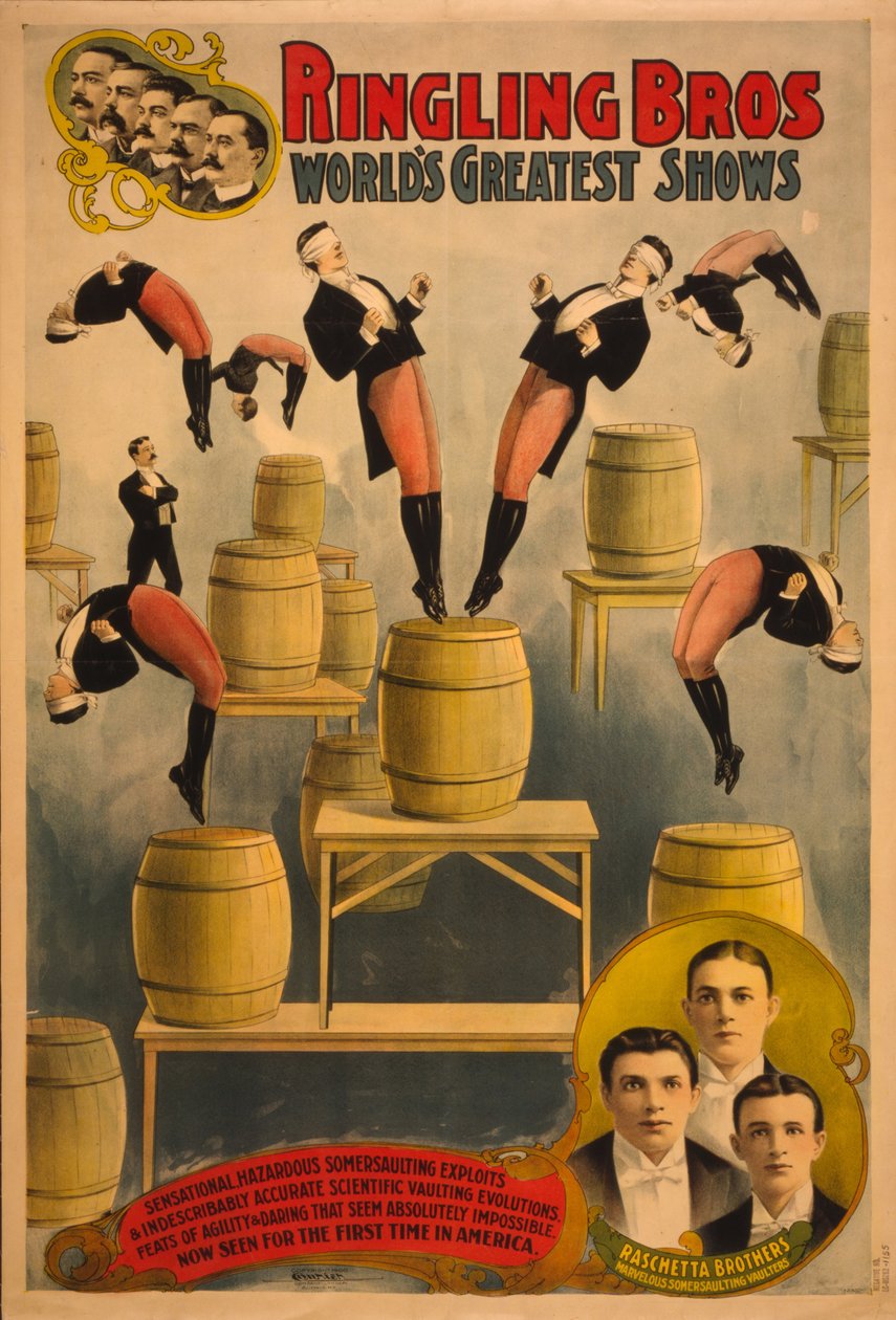 Ringling Bros ، أعظم عروض العالم Raschetta الإخوة ، قبو رائع من الشقلبة ، ج. 1900 بواسطة شركة البريد السريع ليث.