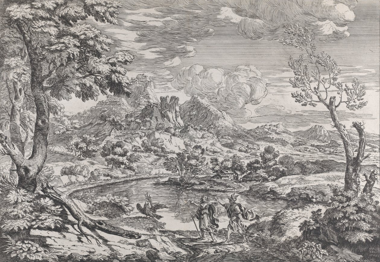 منظر طبيعي مع رجل يظهر عطارد نسر كوكب المشتري ، كاليفورنيا. 1695-99. بواسطة كريسينزيو أونوفري