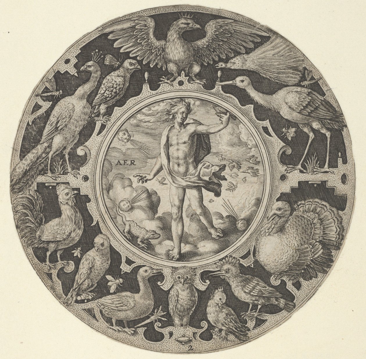 'Aer' in a Decorative Border with Birds ، من سلسلة من التصاميم الدائرية مع F ... ، 1590-1612. بواسطة Crispijn de Passe I.