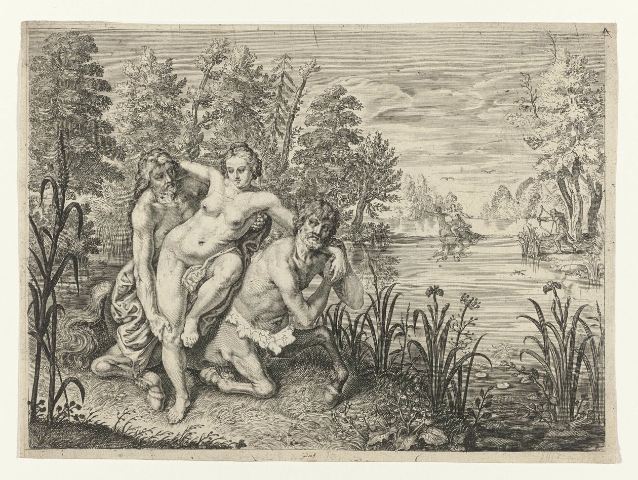 Nessus تحمل Deianeira عبر النهر تعيين Dianier of Nessus عبر الدفق (العنوان على الكائن) تحولات أوفيد (عنوان المسلسل) بواسطة كريسبين فان دي باس (الثاني) (ربما)